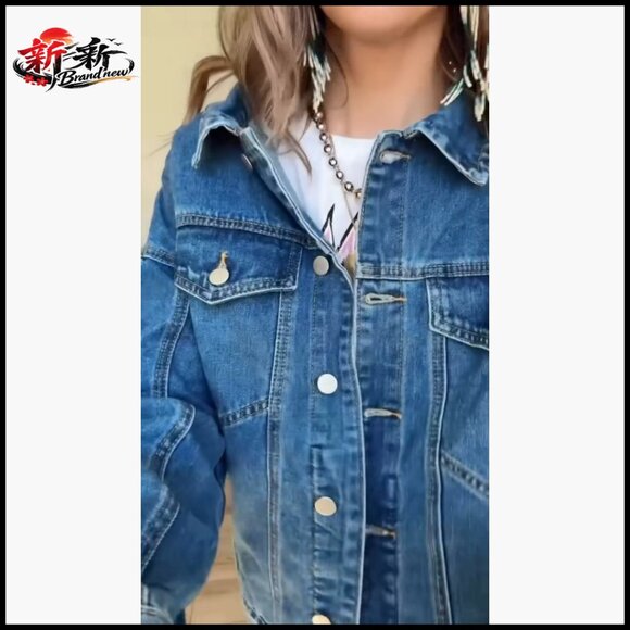 Oversized Denim Jacket with Fringe Detailing, Button Down, Drop Shoulder - Picture 7 of 7